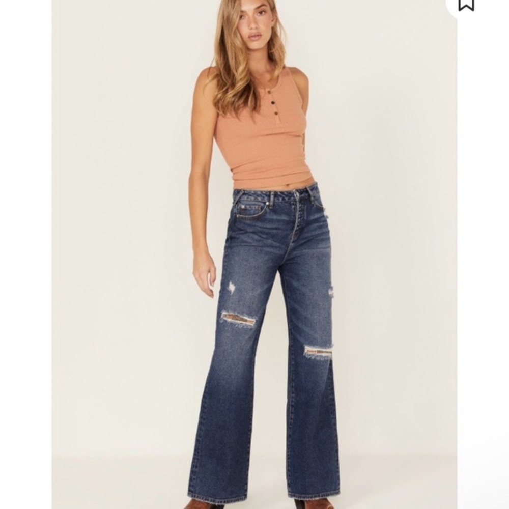 Cleo & Wolf Distressed Plaid Patchwork High Rise Straight Leg Jeans Size 27